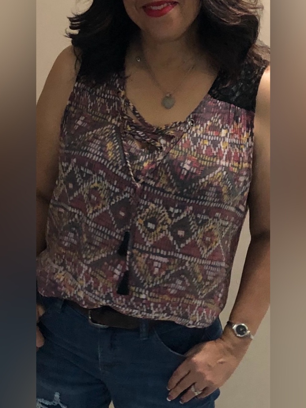 Sears Geometric Print Blouse with Black Lace - Picture 5 of 6